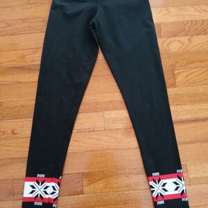 PINK Victoria's Secret Black Leggings with Snowflake and Red Accents
